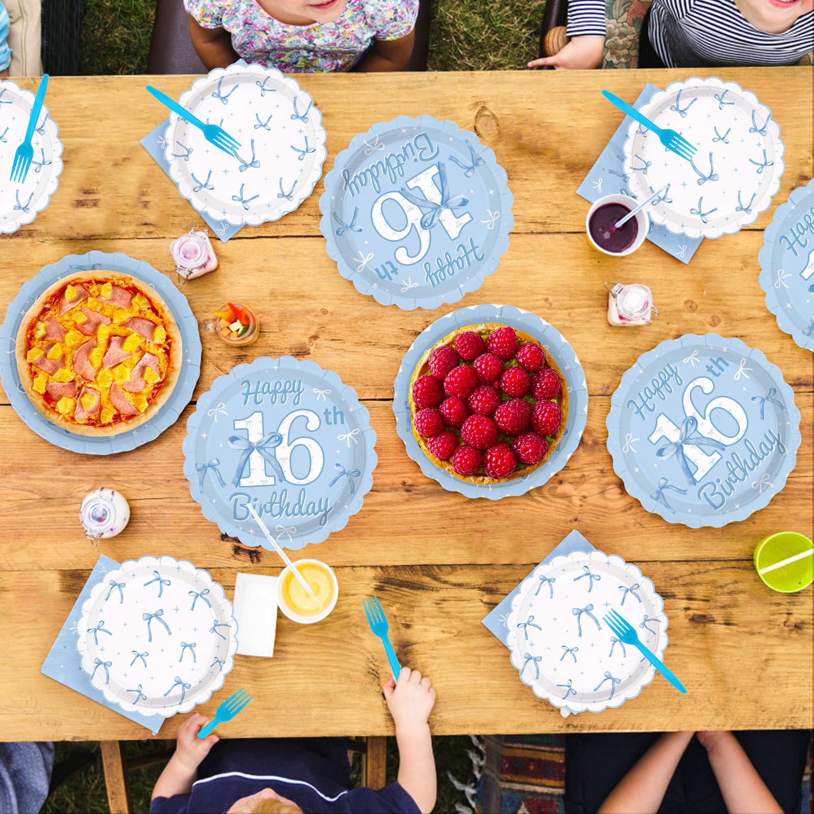 Greencian Blue Bow tableware set bundles plates, napkins, and forks for convenient hosting.