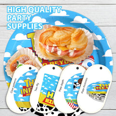 Greencian cow print blue sky backdrop enhances party styling and photo moments.