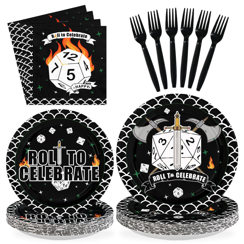 Greencian D20 9-inch plates enhance RPG celebrations with bold dice imagery.