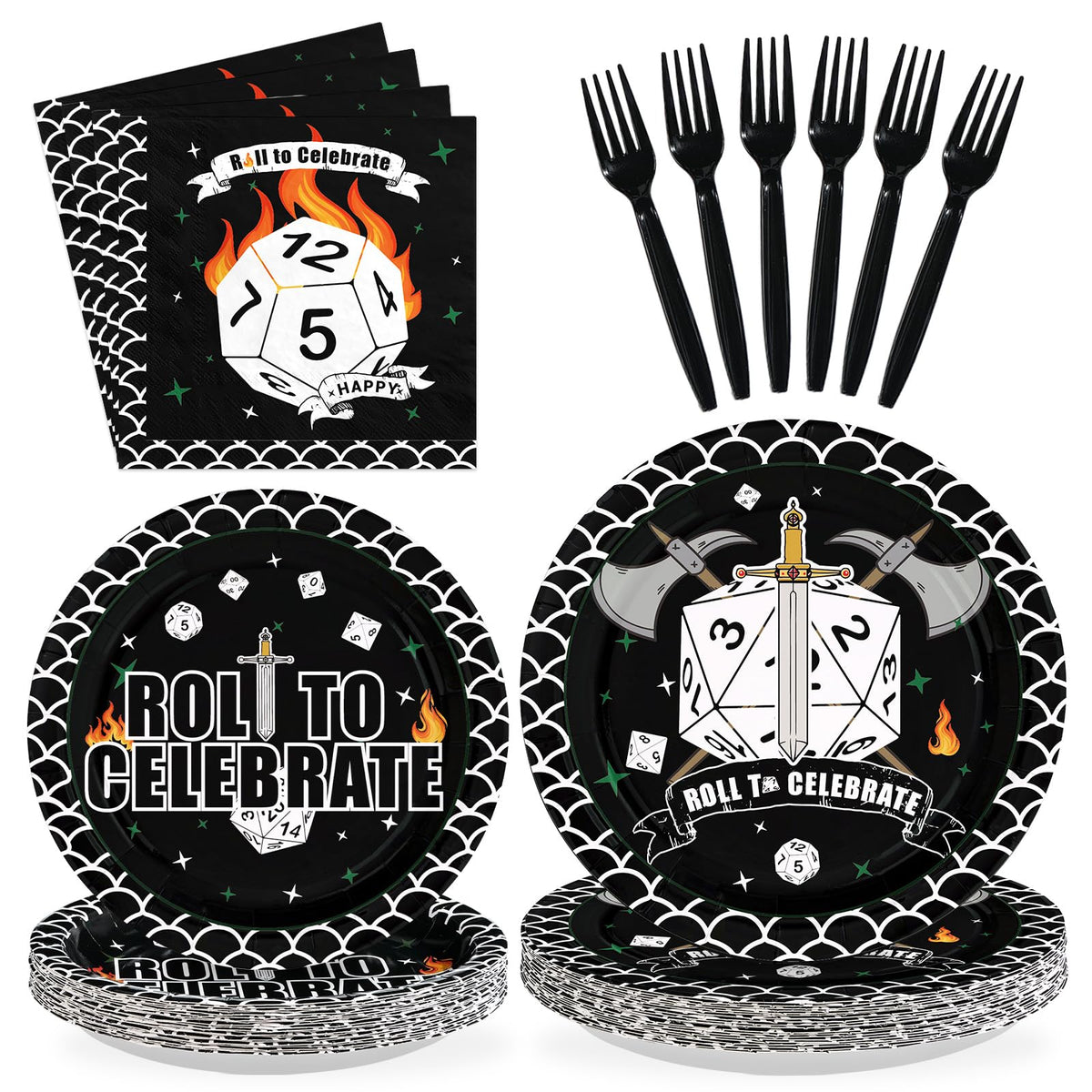 Greencian D20 9-inch plates enhance RPG celebrations with bold dice imagery.