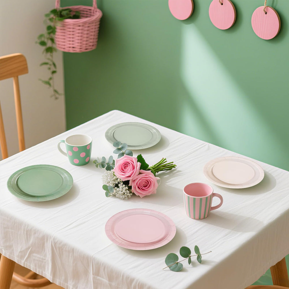 Bridal shower and baby shower tables accented by Greencian pink-sage dinnerware.