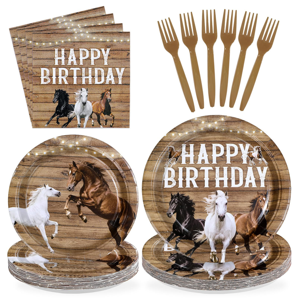 Greencian horse birthday dinner plates showcase white, brown and black horses for a Western party.