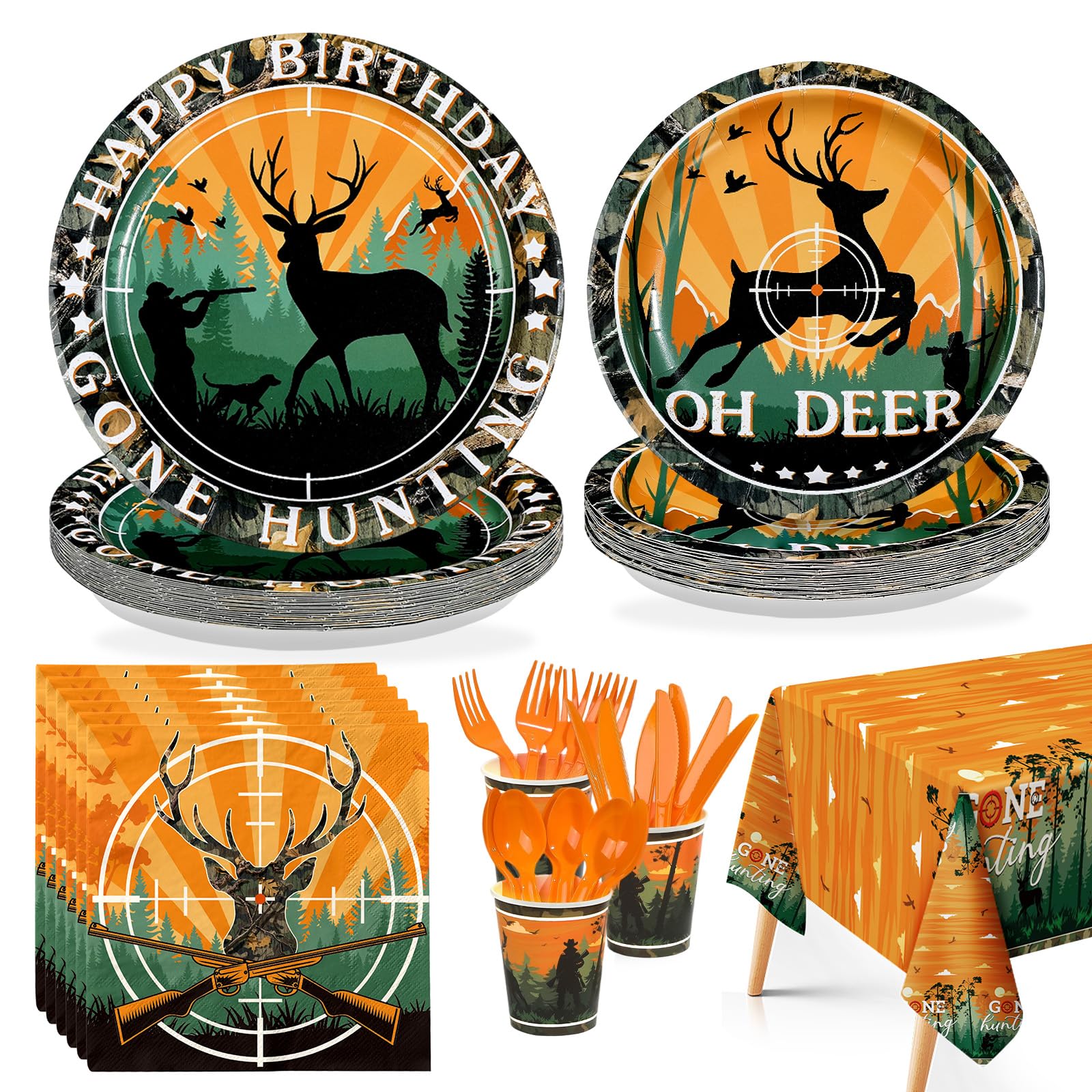 Greencian hunting camo plates enhance outdoor birthday tables