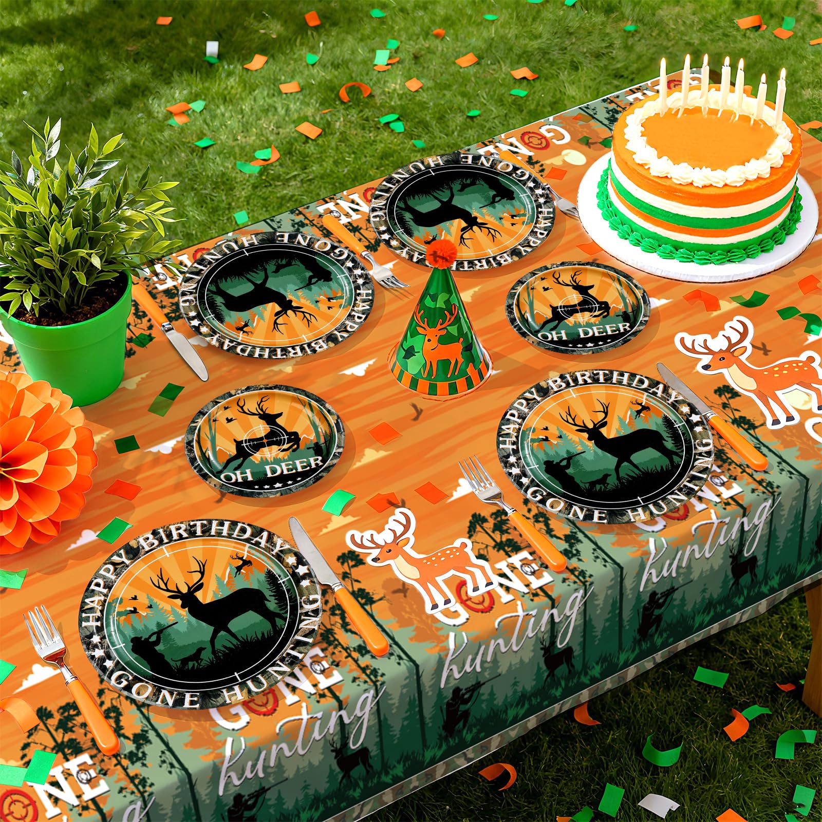 Greencian hunting camo tablecloth protects surfaces during party