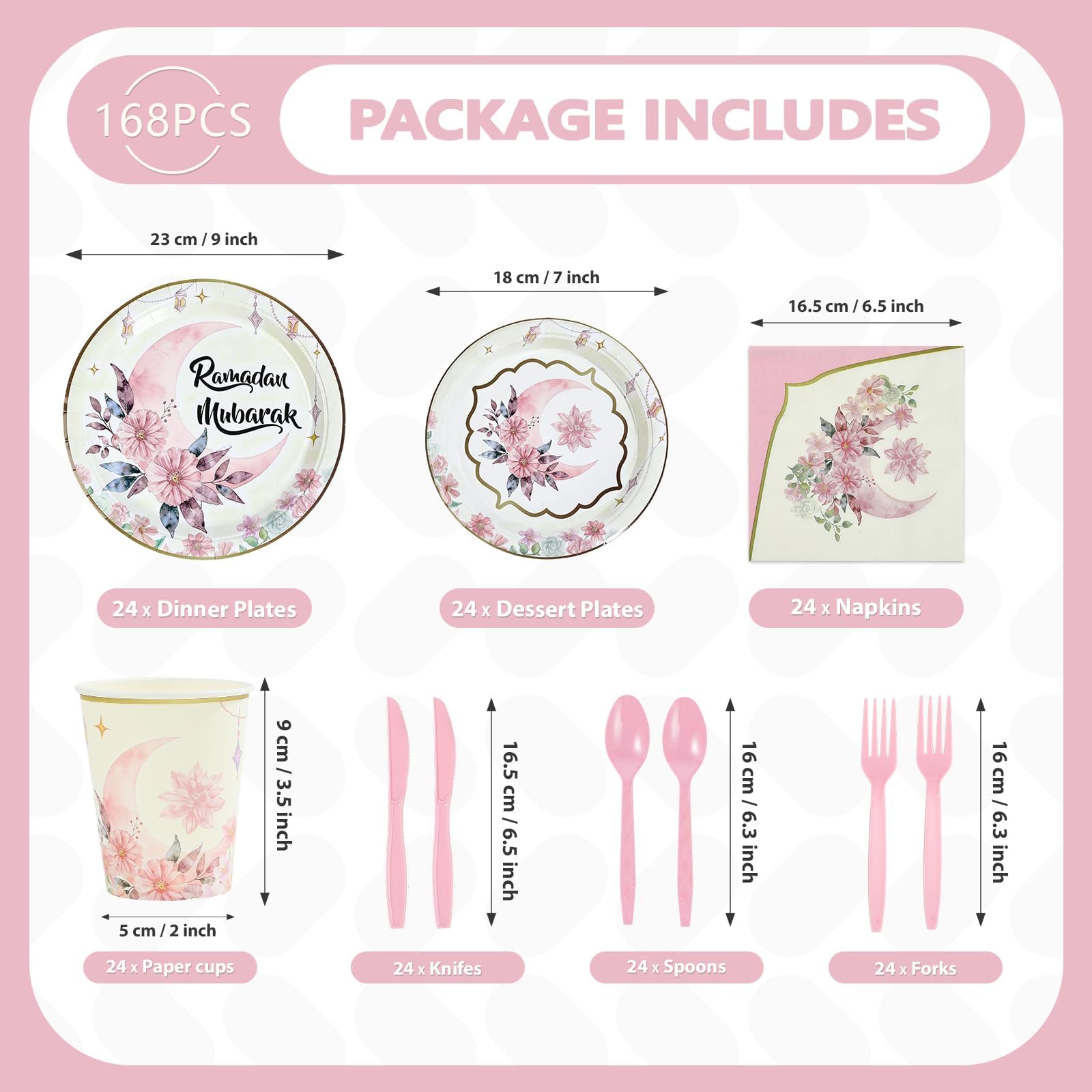 Greencian Ramadan pink watercolor 7-inch plates for snacks and desserts.