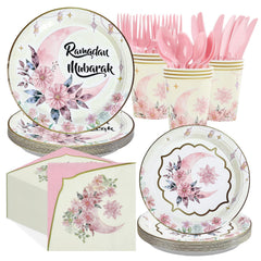 Greencian Ramadan pink watercolor 9-inch plates with crescent motif for hearty meals.