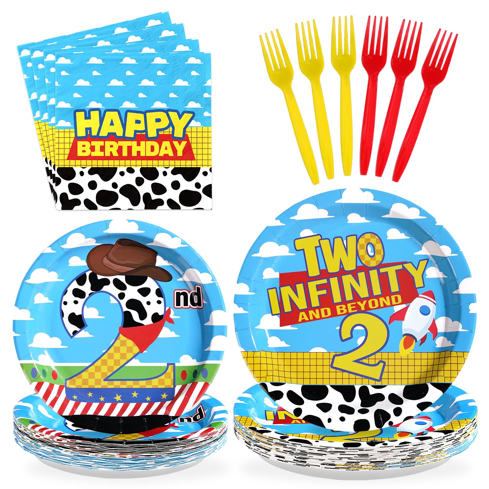 Greencian toy story plates show bold colors for a cheerful kids' table.