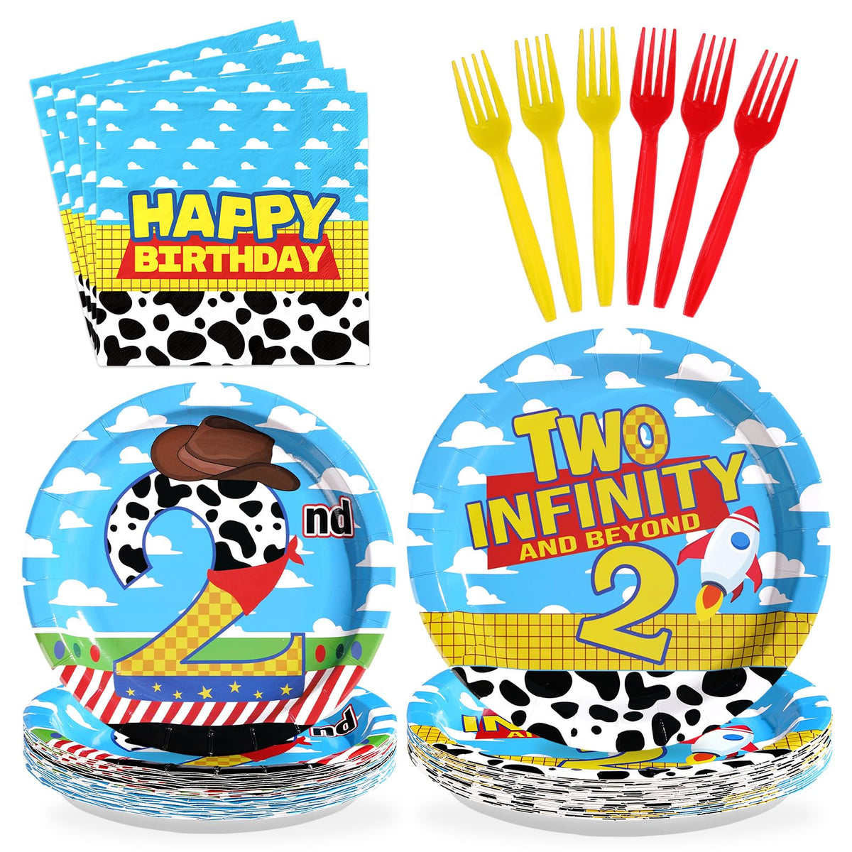 Greencian toy story plates show bold colors for a cheerful kids' table.