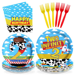 Greencian toy story plates show bold colors for a cheerful kids' table.