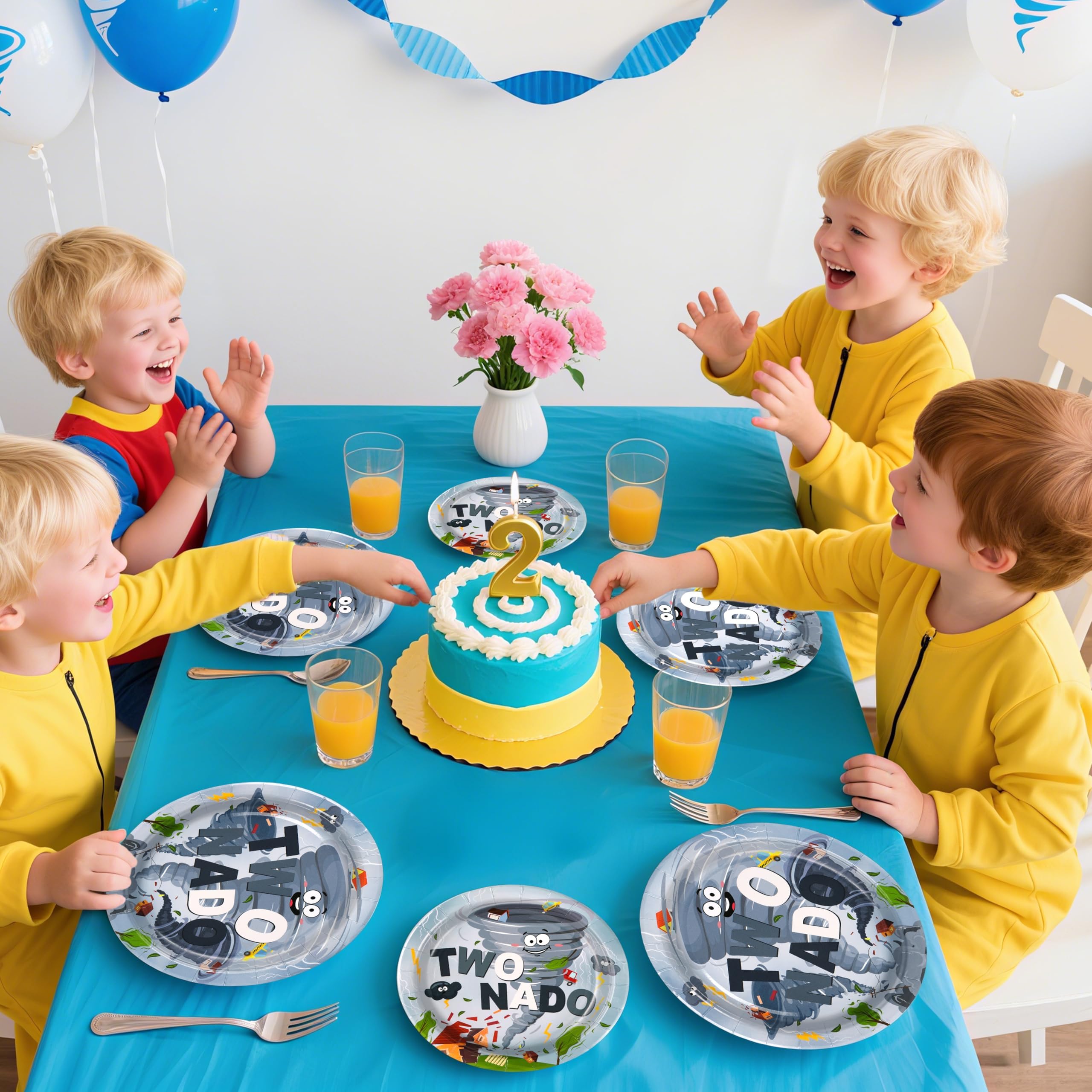 Greencian Twonado party setup on table showing complete tornado tableware