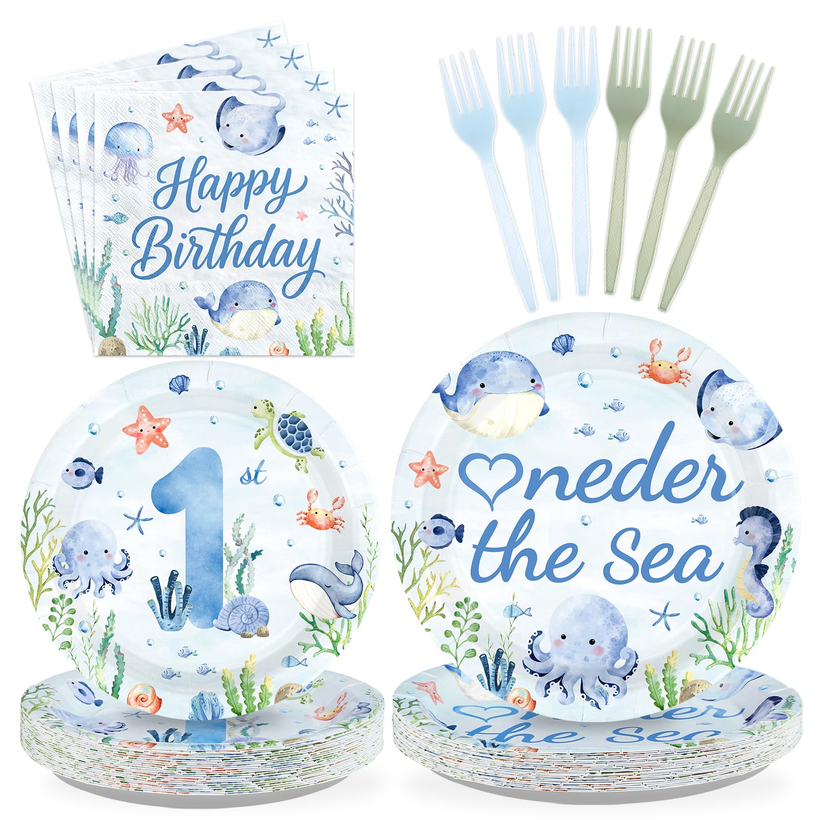 Greencian Under the Sea dinner plates for 24 with an ocean scene, ideal for quick cleanup.