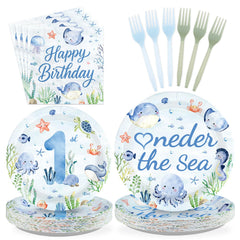 Greencian Under the Sea dinner plates for 24 with an ocean scene, ideal for quick cleanup.