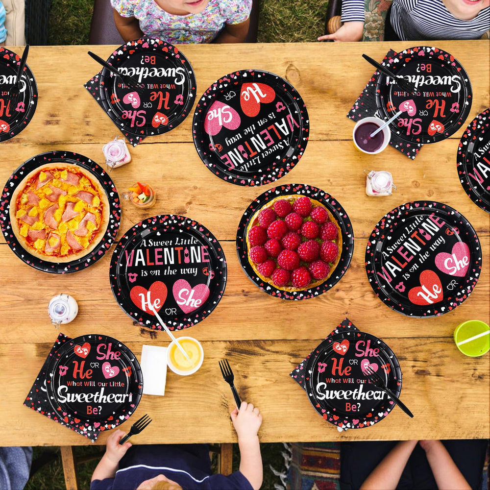 Greencian Valentine baby shower tableware for spill-free celebrations.