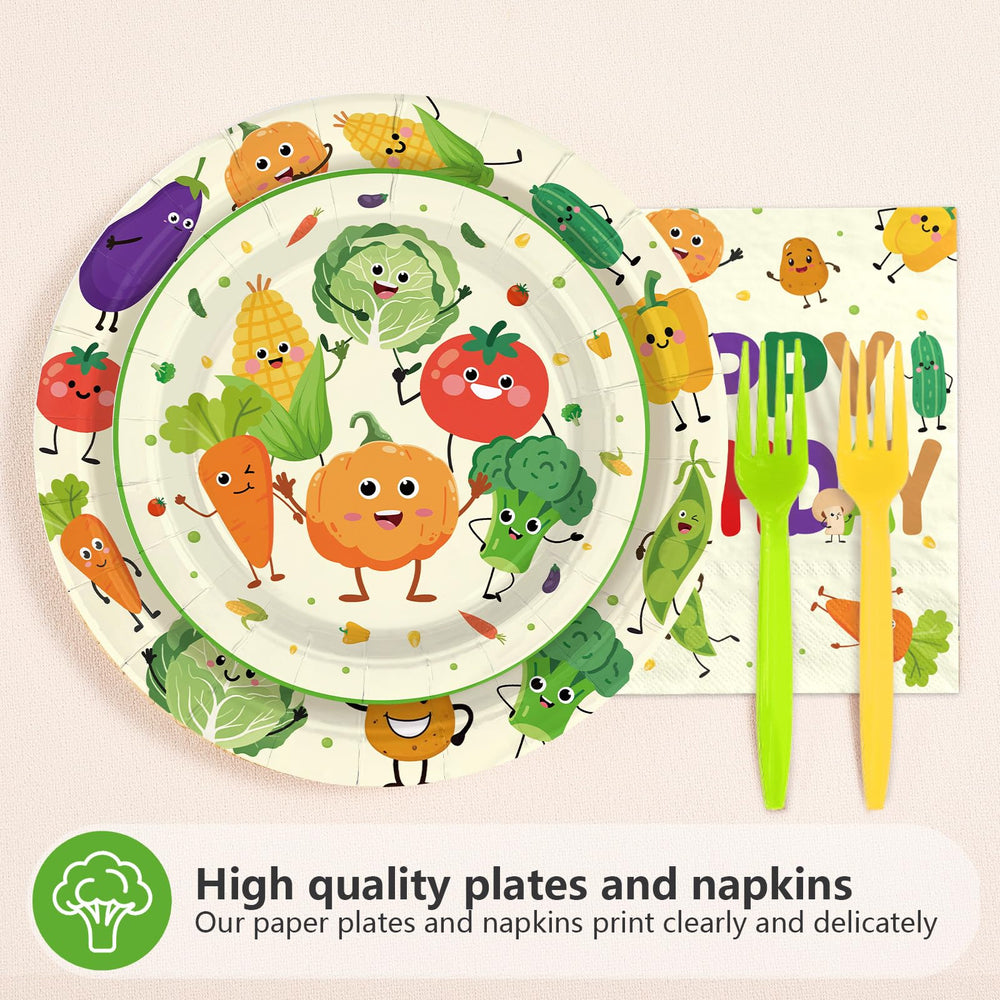 Greencian 7-inch dessert plates with veggie motif for party treats.