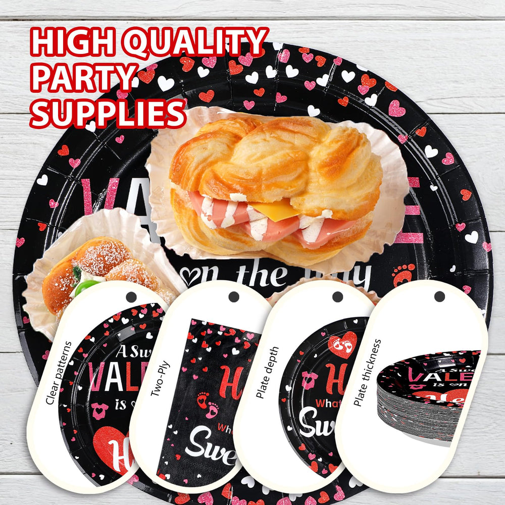 Greencian What Will Our Little Sweet Heart Be plates with red-pink hearts design.