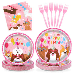 Grencian 9-inch pink dog birthday plates with paw prints, sturdy for cake time