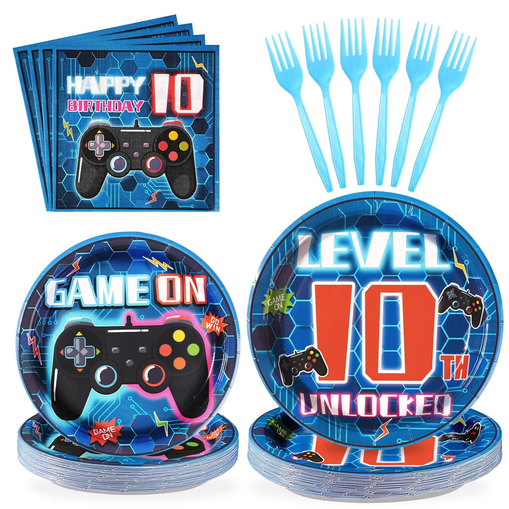 Grencian 96-piece video game tableware blue level-10 plates for easy party setup.