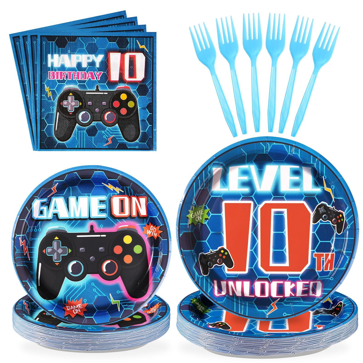 Grencian 96-piece video game tableware blue level-10 plates for easy party setup.