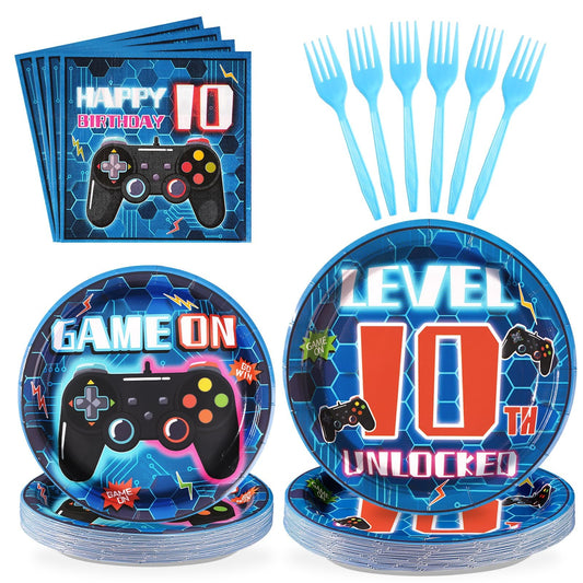 Grencian 96-piece video game tableware blue level-10 plates for easy party setup.
