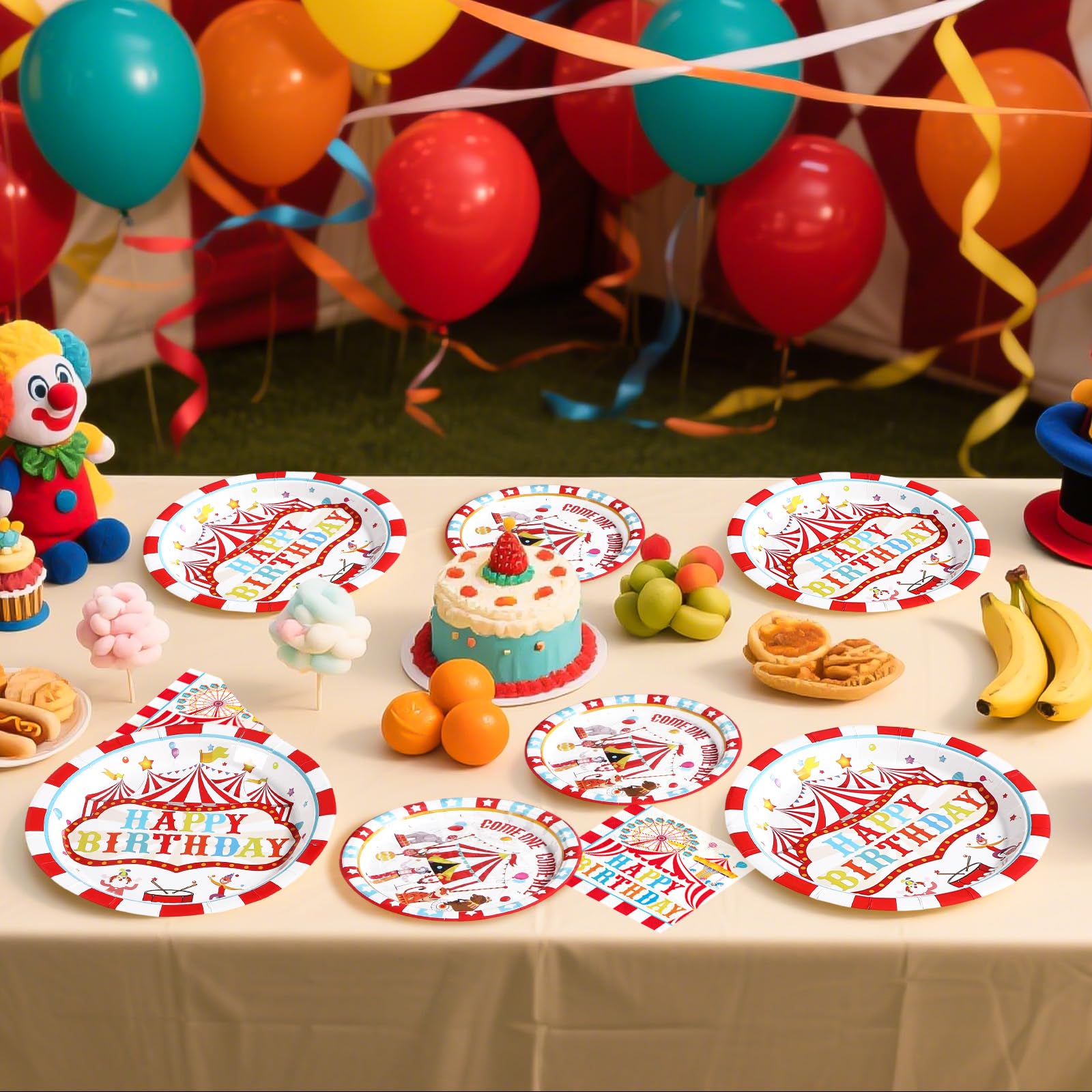 Grencian birthday setup with plates and napkins for 24 guests.