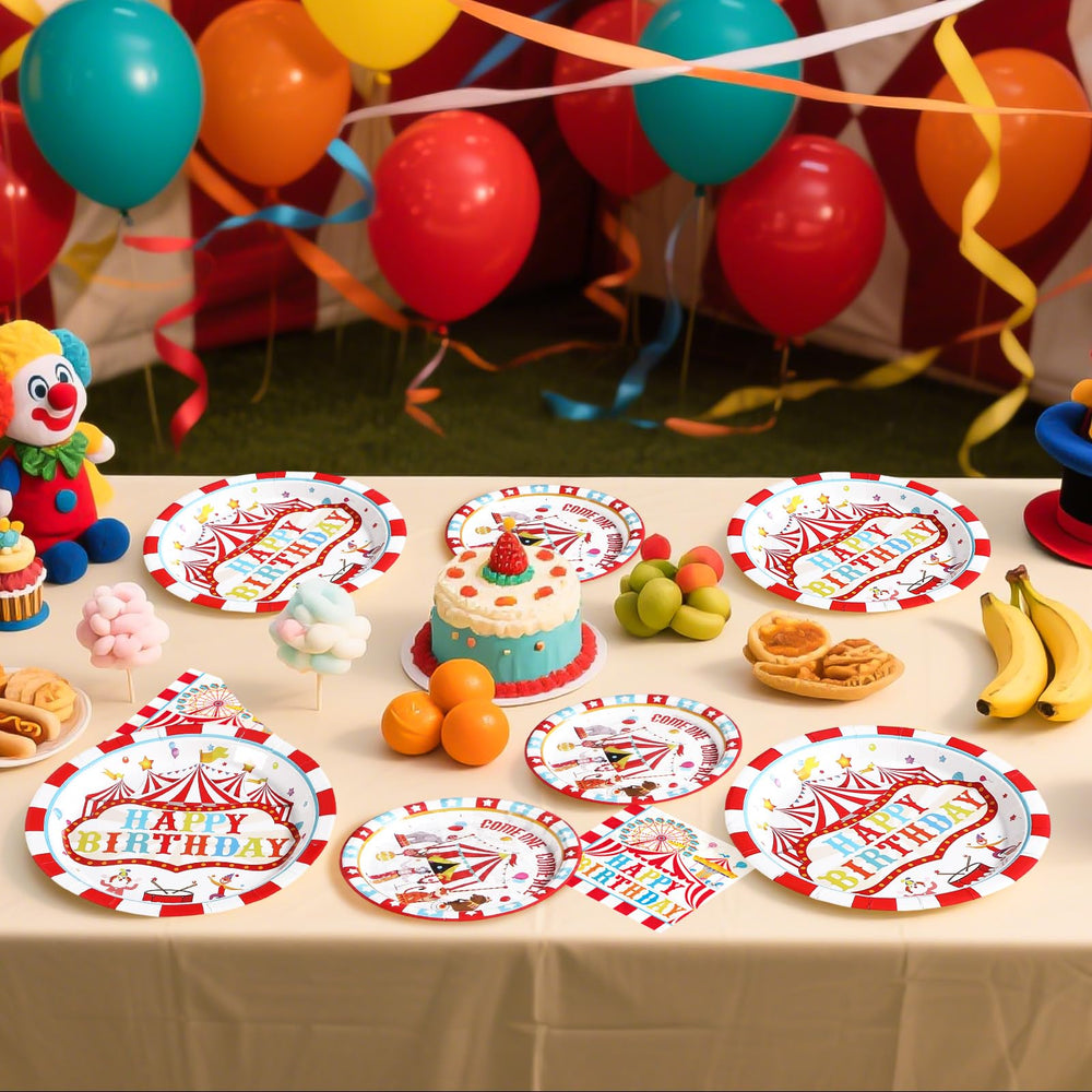 Grencian birthday setup with plates and napkins for 24 guests.
