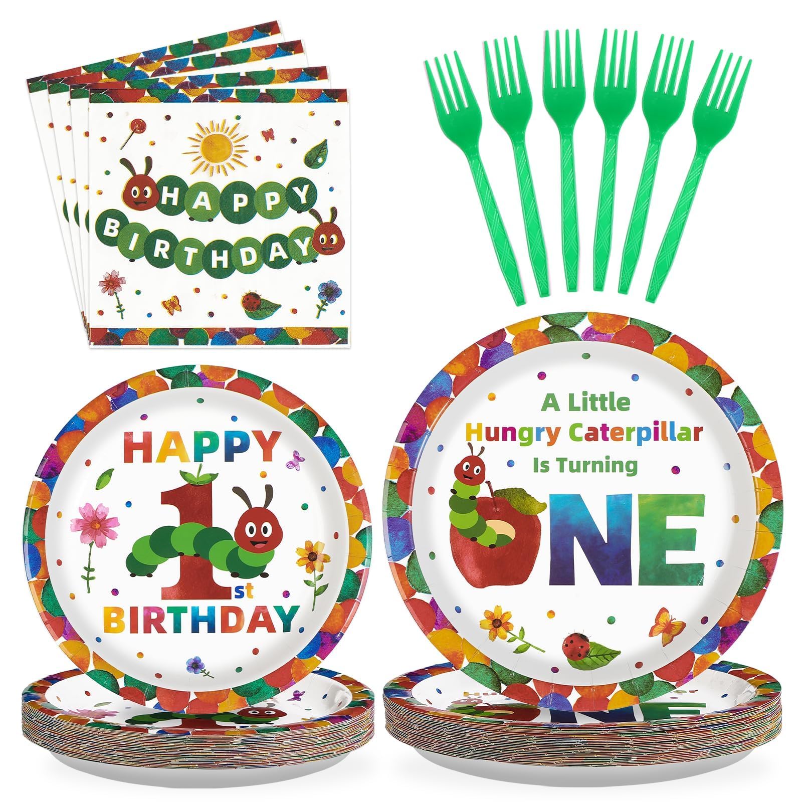 Grencian caterpillar 9-inch dinner plates with bright green insect illustrations for a first birthday