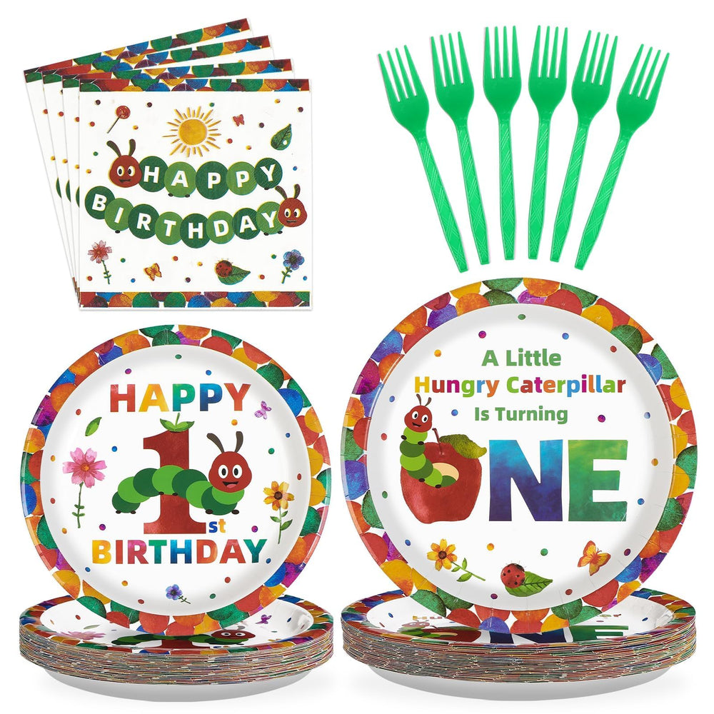 Grencian caterpillar 9-inch dinner plates with bright green insect illustrations for a first birthday