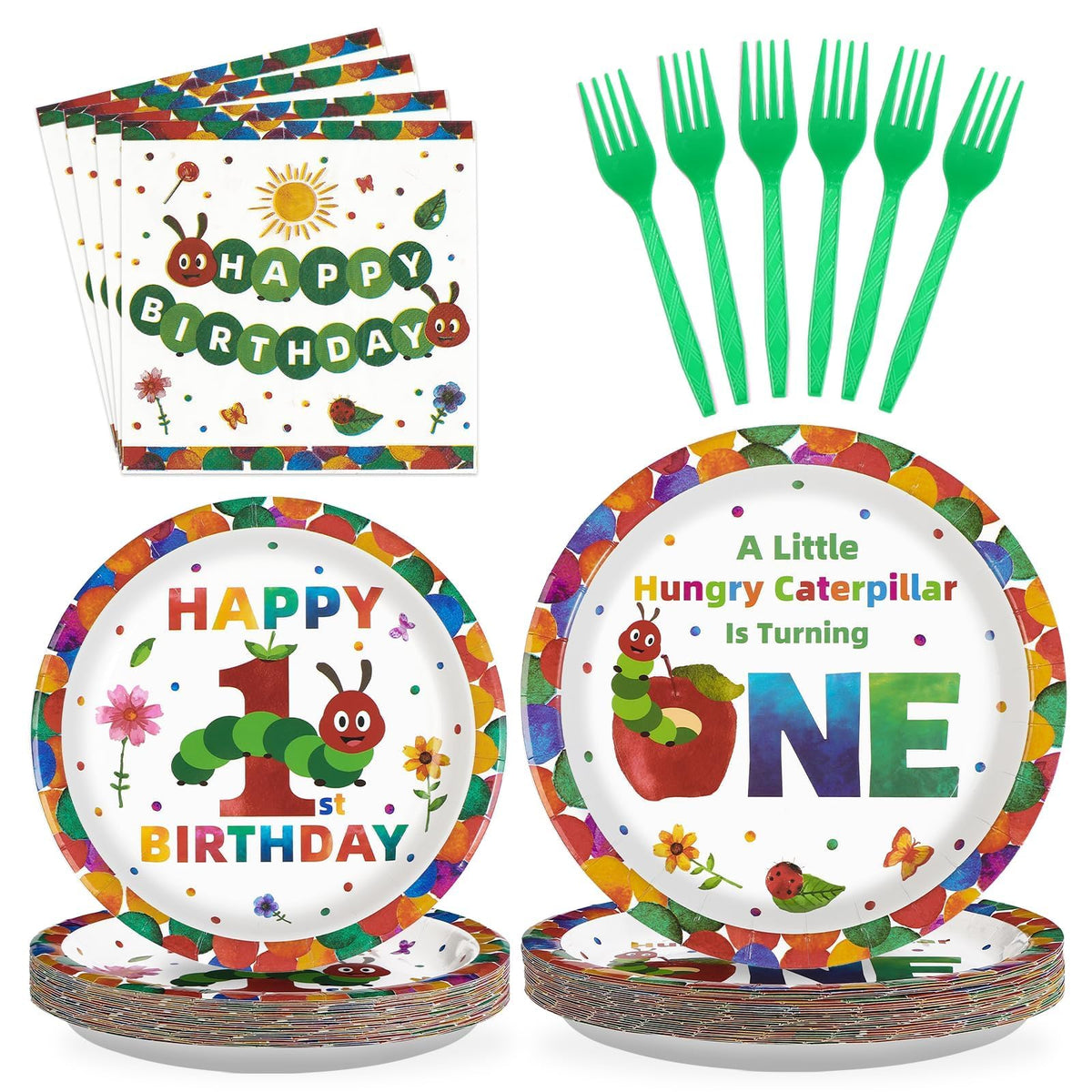 Grencian caterpillar 9-inch dinner plates with bright green insect illustrations for a first birthday