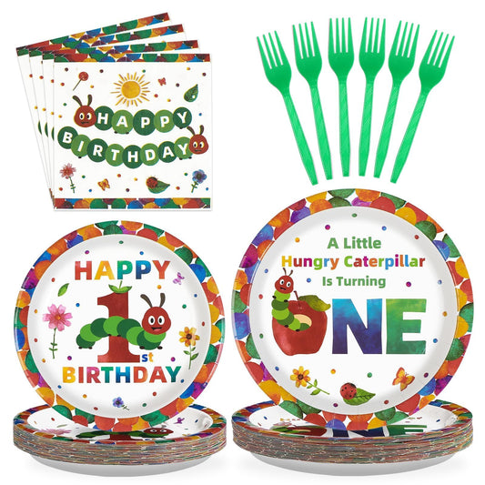 Grencian caterpillar 9-inch dinner plates with bright green insect illustrations for a first birthday