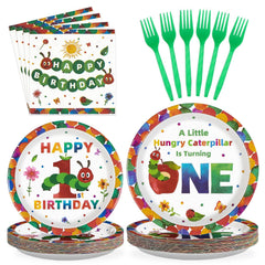 Grencian caterpillar 9-inch dinner plates with bright green insect illustrations for a first birthday