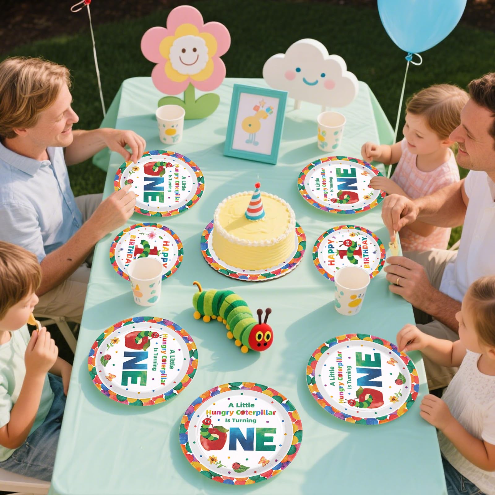 Grencian caterpillar plates and napkins coordinate for cohesive look