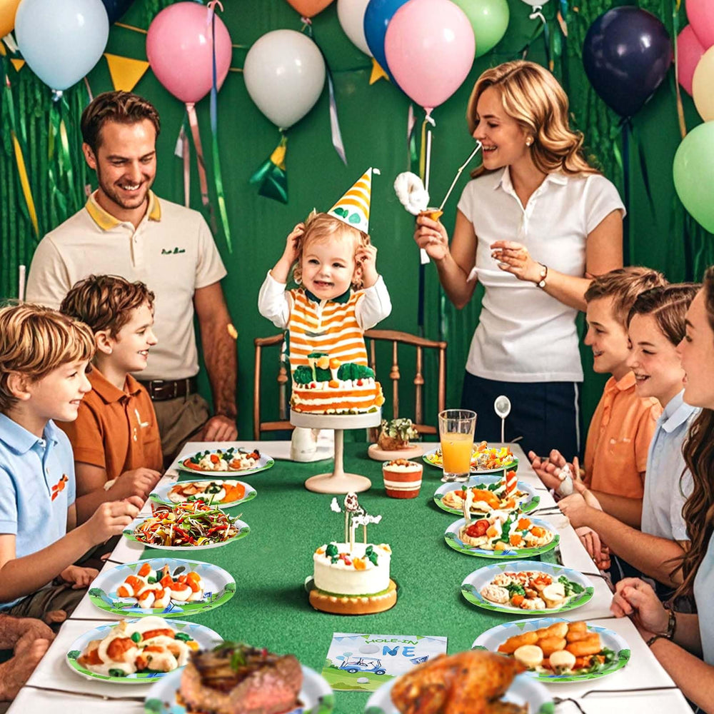 Grencian green greens theme graphics enhance golf party ambiance.