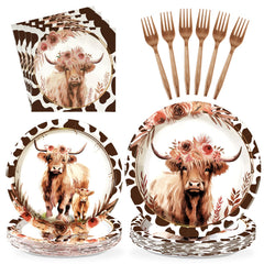 Grencian Highland Cow 96pc tableware set pack shot for easy autumn entertaining.