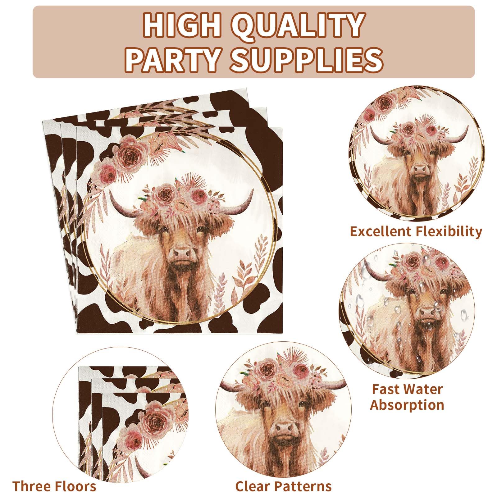 Grencian Highland Cow napkins with floral print enhance table ambience.
