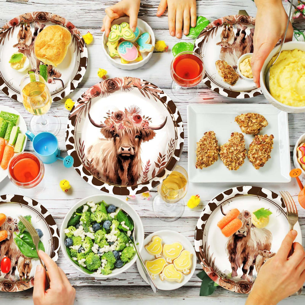Grencian Highland Cow party table setup inspires festive styling.