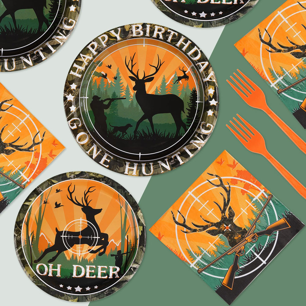 Grencian hunting camo party scene with deer motif