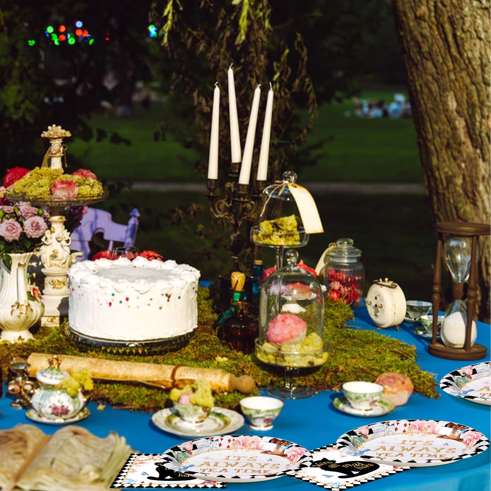 Grencian Onderland tea party scene with colorful tableware
