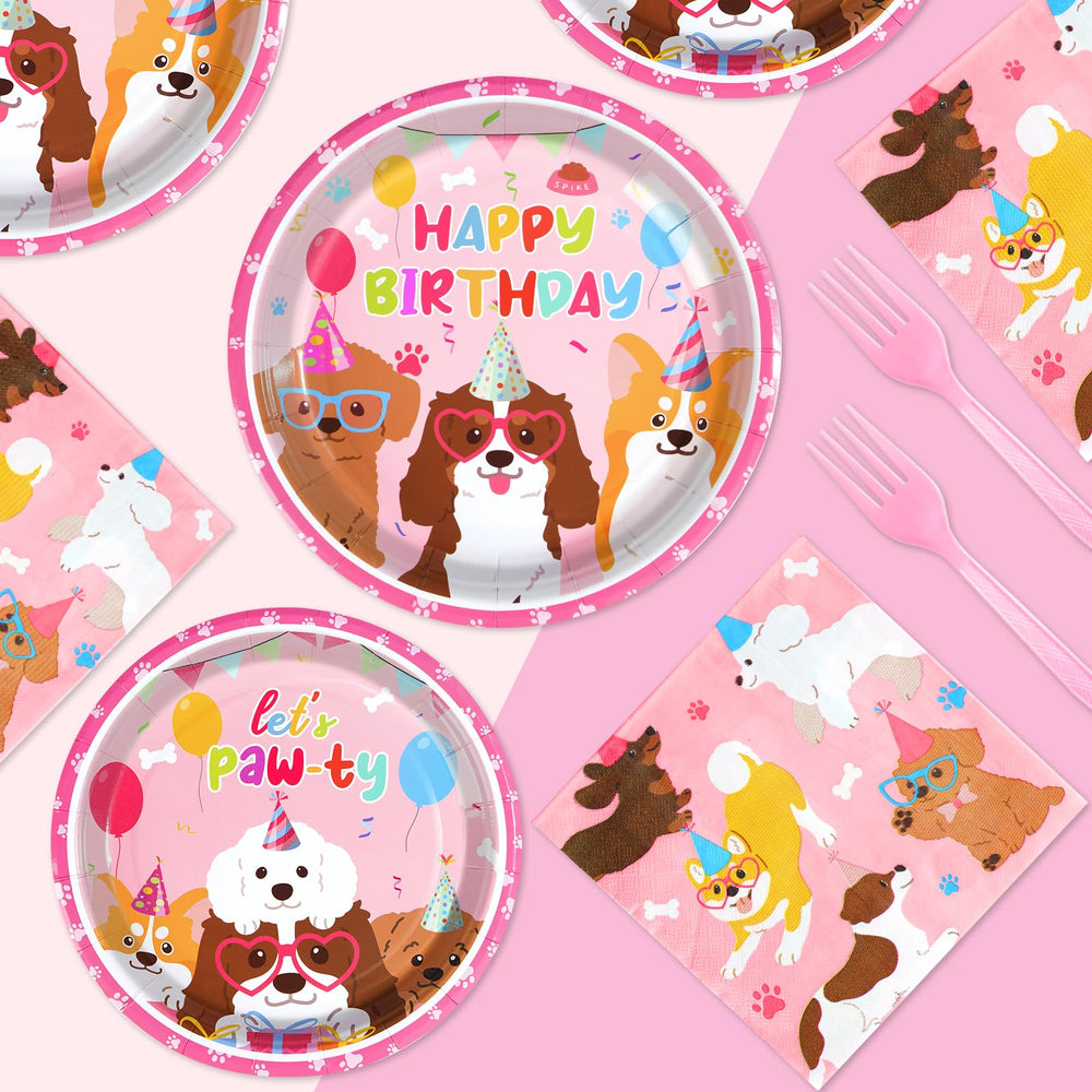Grencian puppy party decorations with paw prints and balloons