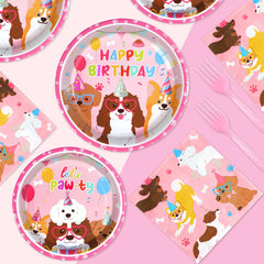 Grencian puppy party decorations with paw prints and balloons