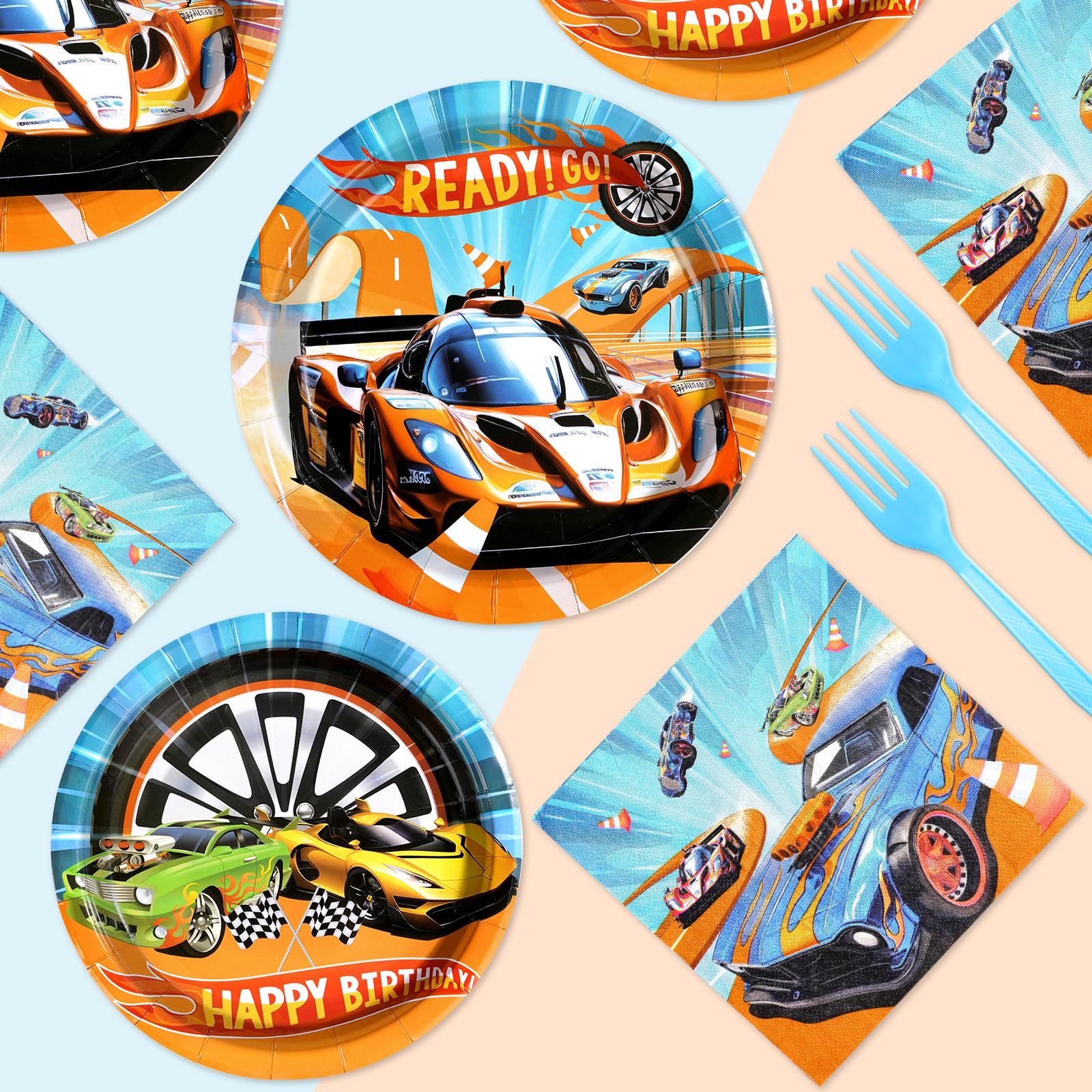Grencian race car design banner adds bright decor to tables.