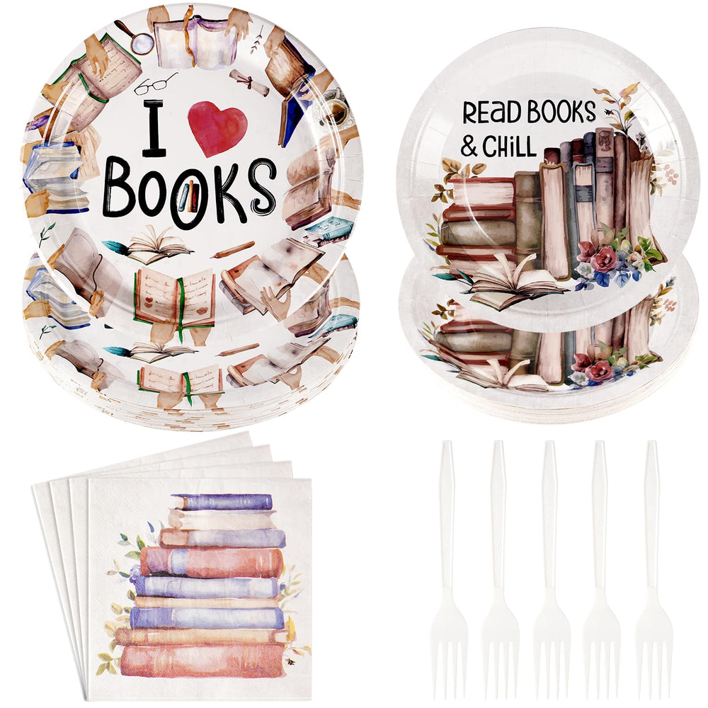 Grencian reading party plates 9inch showcase bold book designs for a themed dinner