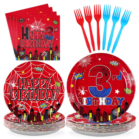 Grencian spider 3rd birthday dinner plates show bold blue and red hero design for a themed party.