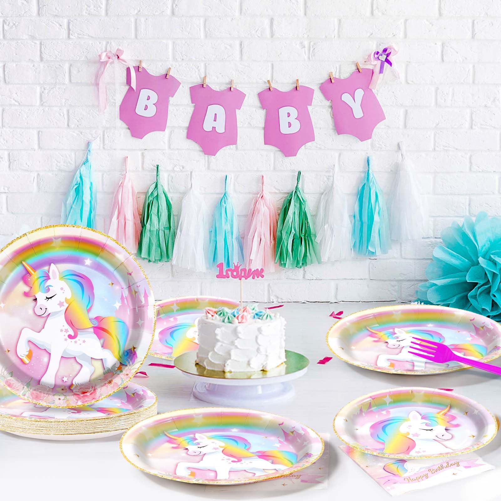 Grencian unicorn design on dreamy background with clouds and castle.