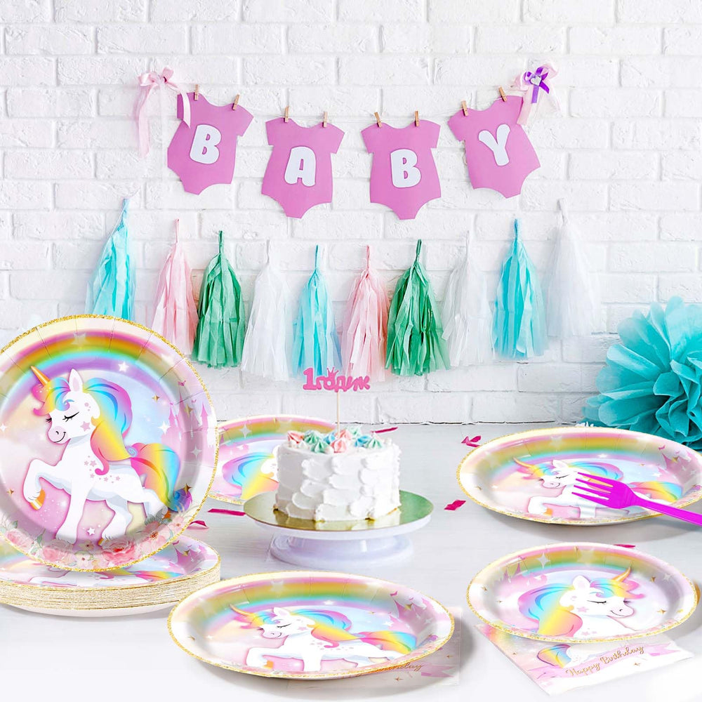 Grencian unicorn design on dreamy background with clouds and castle.
