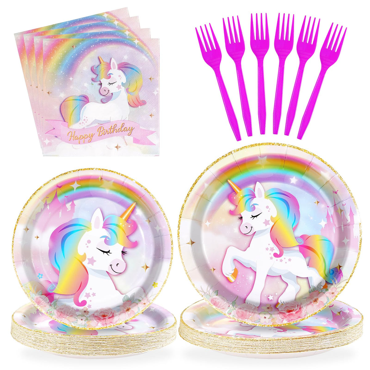 Grencian unicorn dinner plates 9in with rainbow design for quick cleanup after party meals.
