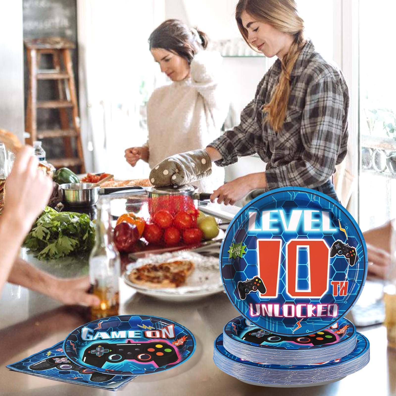 Grencian video game theme decor with blue visuals enhances party atmosphere.