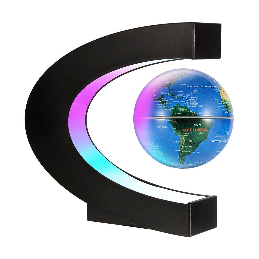 Gresus floating world map globe in levitating display framed by LED ring for a striking desk centerpiece.