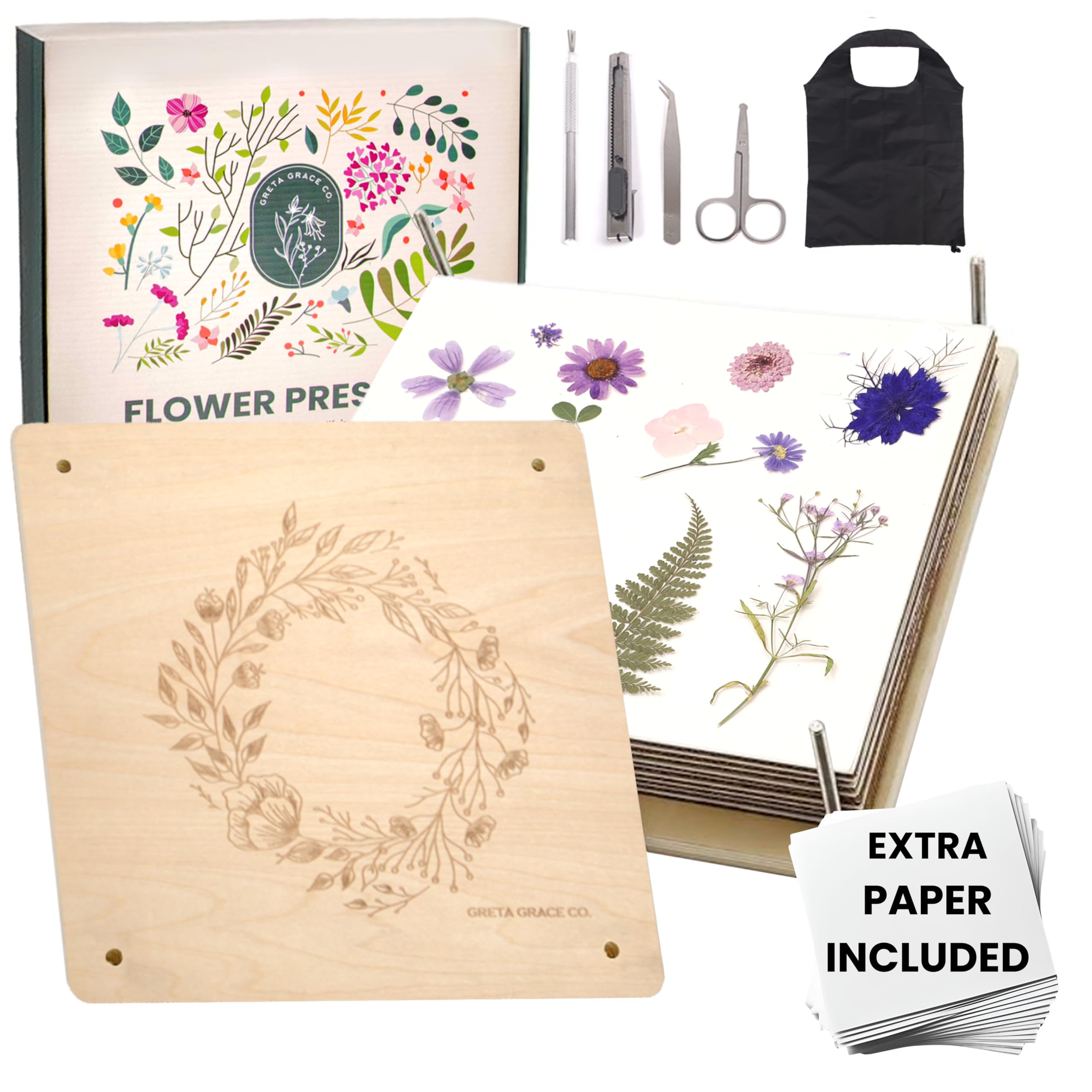 Greta Grace Co flower press kit with wooden boards for durable pressing