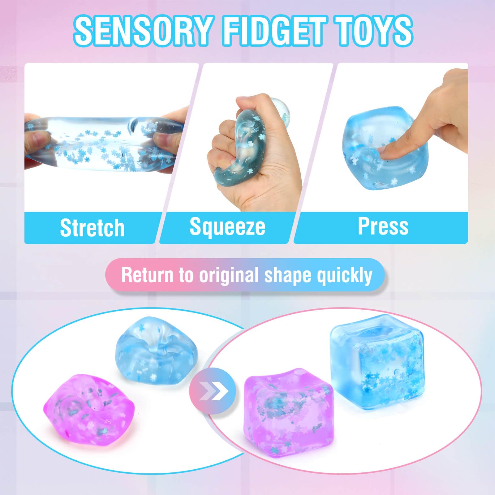 Gretex fidget squishy cube blue, tactile play for mood and focus.