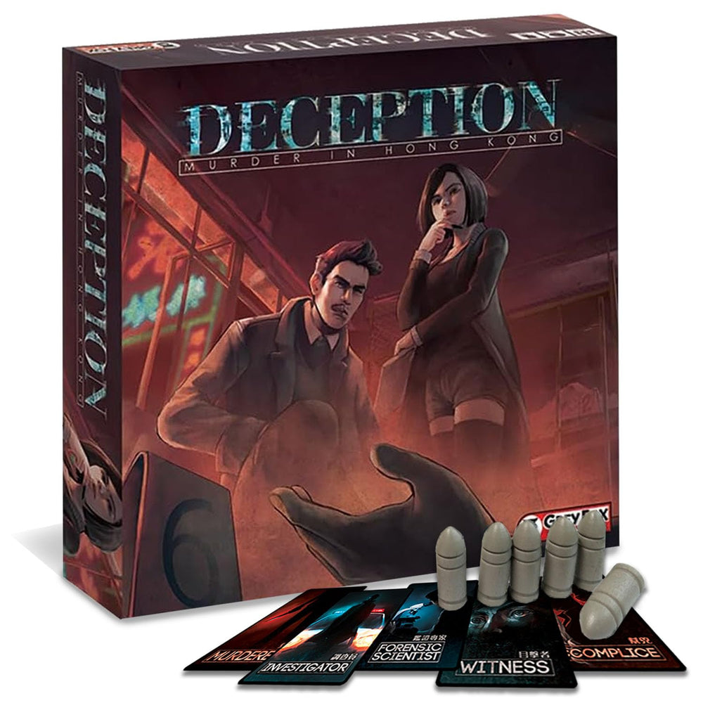 Grey Fox Games Deception Hong Kong box front showing vibrant art and portable design.